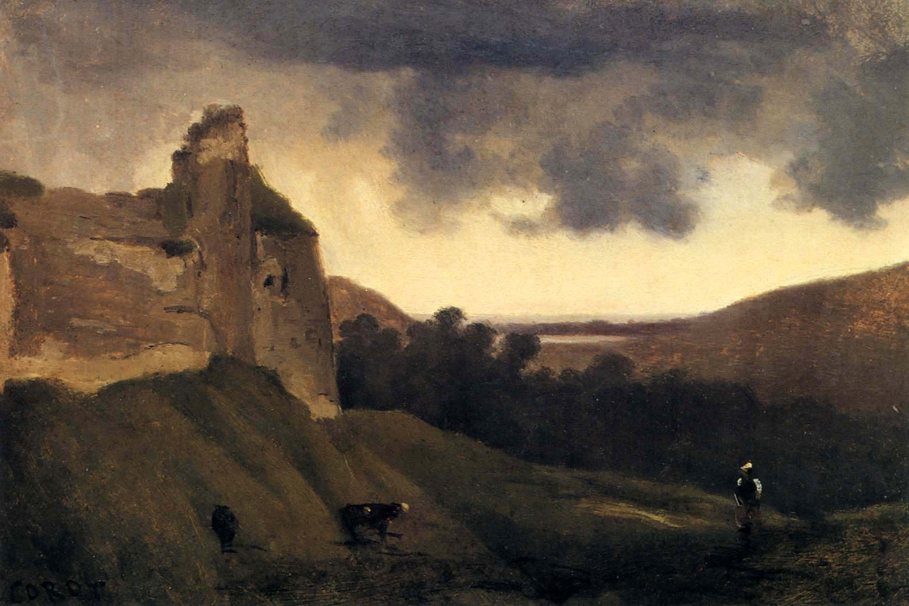 Jean Baptiste Camille Corot,  Argues-Ruines du Chateau , 1828-30  Oil on canvas, 888 1/4 x 12 1/4 x 3/4 in.